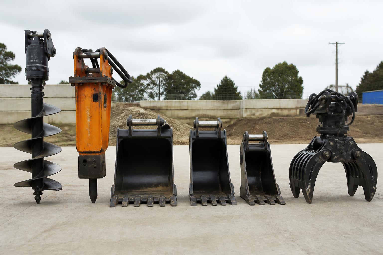 Auger, rockbreaker, buckets and grab available for hire